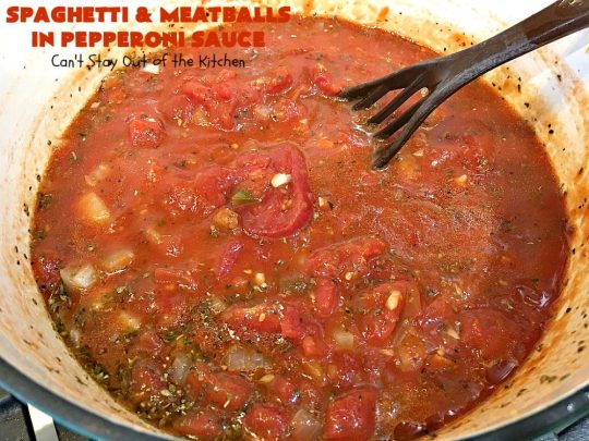 Spaghetti and Meatballs in Pepperoni Sauce | Can't Stay Out of the Kitchen | this fabulous #spaghetti entree is an awesome #JamieDeen #recipe. This one includes #beef in the #meatballs, #Italian #sausage & #pepperoni in the sauce. Absolutely mouthwatering! Our company loved it! #pasta #noodles #spaghettiandmeatballs