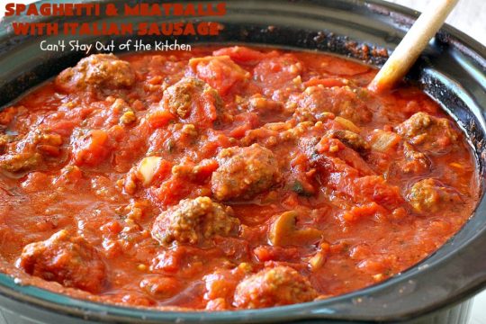 Spaghetti and Meatballs With Italian Sausage | Can't Stay Out of the Kitchen | amazing comfort food #recipe with both #beef #meatballs and #ItalianSausage. Hearty, filling & satisfying. #pork #GroundBeef #spaghetti #SpaghettiAndMeatballs #Italian #SpaghettiAndMeatballsWithItalianSausage