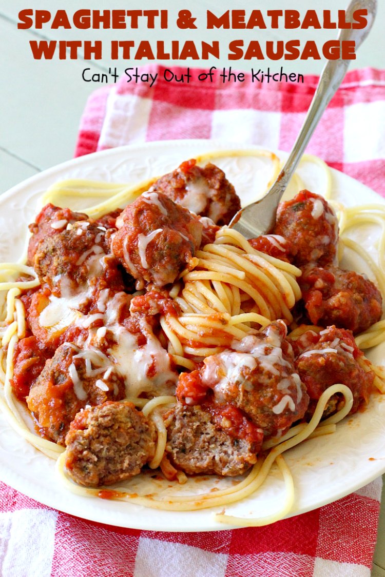 Spaghetti and Meatballs With Italian Sausage | Can't Stay Out of the Kitchen | amazing comfort food #recipe with both #beef #meatballs and #ItalianSausage. Hearty, filling & satisfying. #pork #GroundBeef #spaghetti #SpaghettiAndMeatballs #Italian #SpaghettiAndMeatballsWithItalianSausage