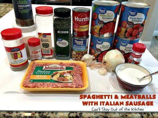 Spaghetti and Meatballs With Italian Sausage | Can't Stay Out of the Kitchen | amazing comfort food #recipe with both #beef #meatballs and #ItalianSausage. Hearty, filling & satisfying. #pork #GroundBeef #spaghetti #SpaghettiAndMeatballs #Italian #SpaghettiAndMeatballsWithItalianSausage