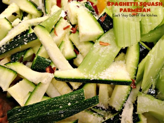 Spaghetti Squash Parmesan | Can't Stay Out of the Kitchen | this is one of the most spectacular ways to serve #SpaghettiSquash ever! It's chocked full of veggies & is layered twice with #parmesan, #mozzarella & #romano cheeses. Terrific for #MeatlessMondays or for #holidays like #Easter or #MothersDay. #Healthy, #LowCalorie #GlutenFree #CleanEating #SpaghettiSquashParmesan #Zucchini #SpaghettiSquashCasserole #YellowSquash #Carrots