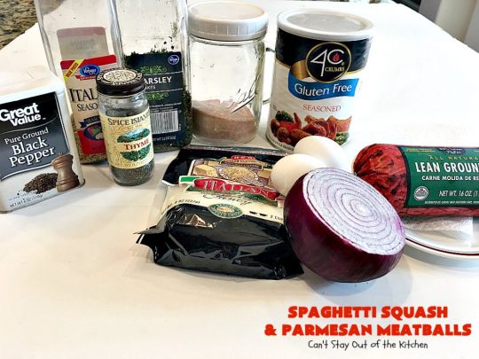 Spaghetti Squash and Parmesan Meatballs | Can't Stay Out of the Kitchen | fantastic healthy & low calorie #casserole with #spaghettisquash, #spaghetti sauce & homemade #glutenfree #meatballs with #parmesan cheese. Easy & delicious. #beef