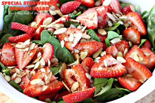 Special Strawberry Spinach Salad | Can't Stay Out of the Kitchen | This fantastic #salad takes only about 10 minutes to make including a homemade salad dressing. It's terrific for company or #holiday dinners like #Easter, #MothersDay or #FathersDay. #strawberries #almonds #spinach #glutenfree #vegan