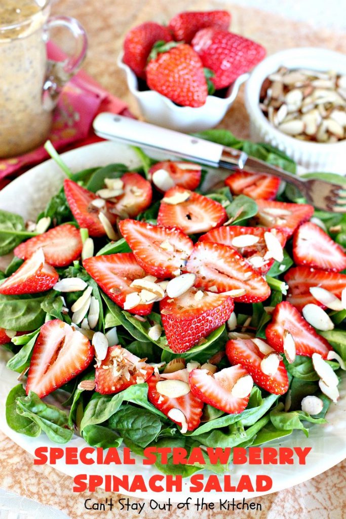 Special Strawberry Spinach Salad | Can't Stay Out of the Kitchen | This fantastic #salad takes only about 10 minutes to make including a homemade salad dressing. It's terrific for company or #holiday dinners like #Easter, #MothersDay or #FathersDay. #strawberries #almonds #spinach #glutenfree #vegan
