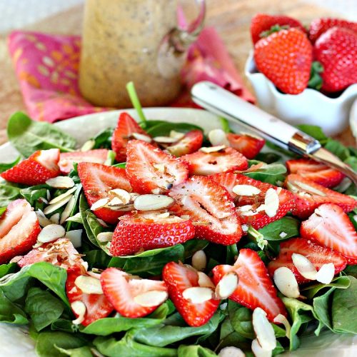 Special Strawberry Spinach Salad | Can't Stay Out of the Kitchen | This fantastic #salad takes only about 10 minutes to make including a homemade salad dressing. It's terrific for company or #holiday dinners like #Easter, #MothersDay or #FathersDay. #strawberries #almonds #spinach #glutenfree #vegan