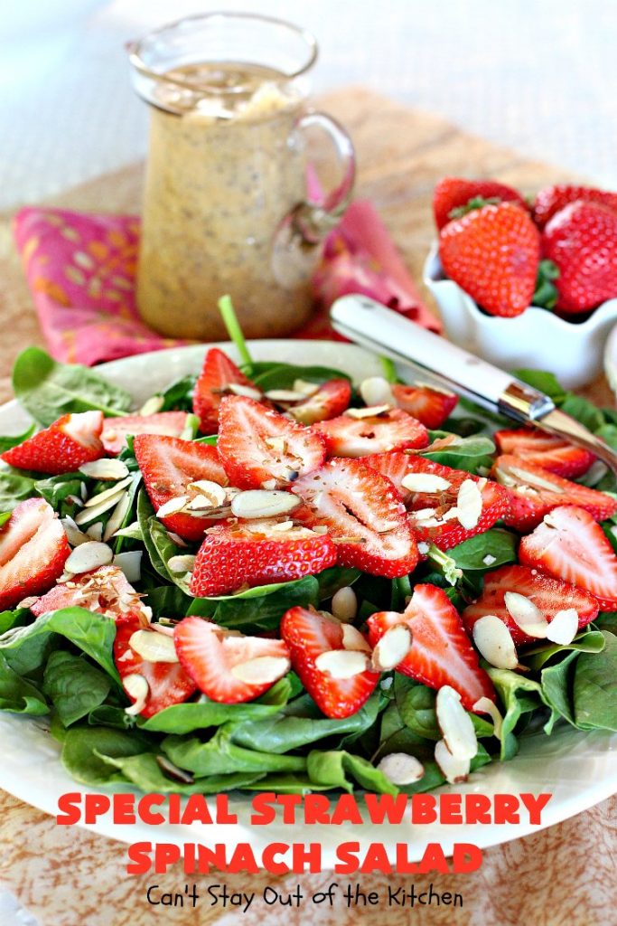 Special Strawberry Spinach Salad | Can't Stay Out of the Kitchen | This fantastic #salad takes only about 10 minutes to make including a homemade salad dressing. It's terrific for company or #holiday dinners like #Easter, #MothersDay or #FathersDay. #strawberries #almonds #spinach #glutenfree #vegan