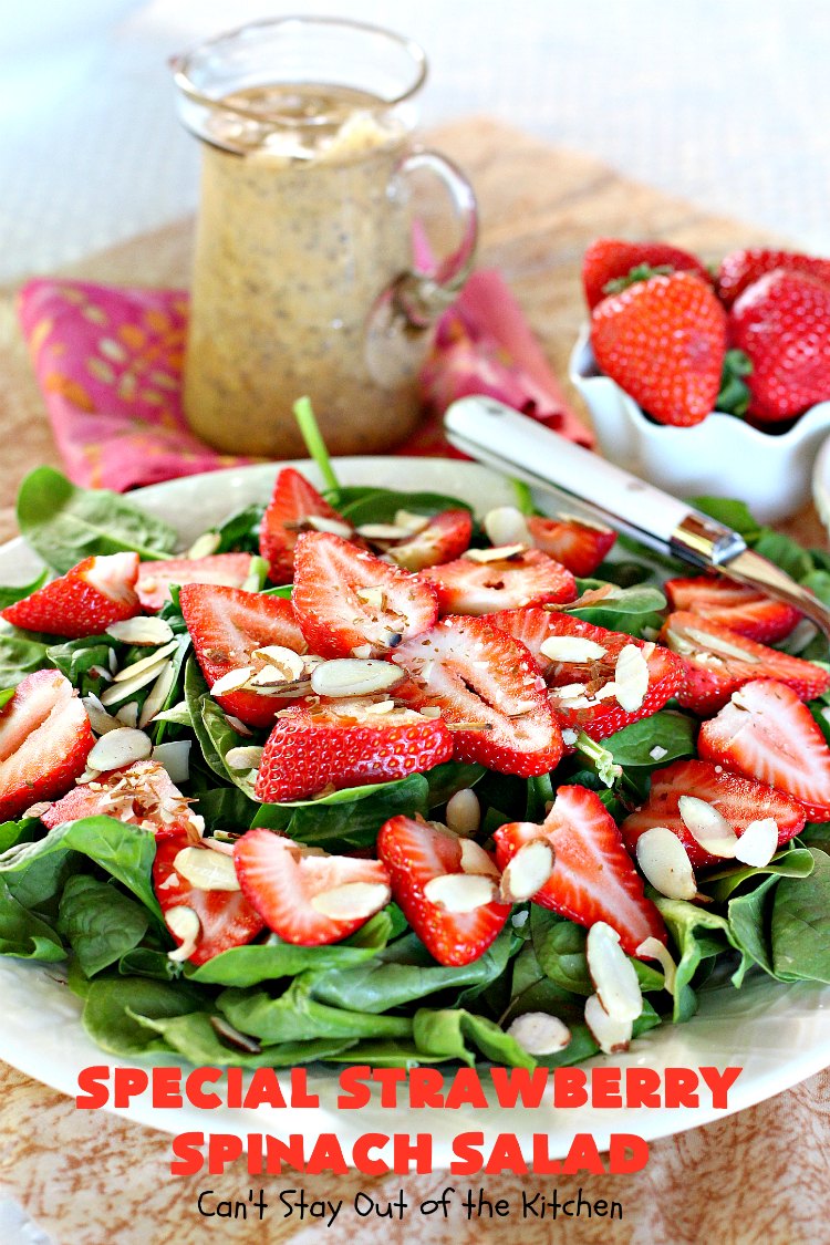 Special Strawberry Spinach Salad | Can't Stay Out of the Kitchen | This fantastic #salad takes only about 10 minutes to make including a homemade salad dressing. It's terrific for company or #holiday dinners like #Easter, #MothersDay or #FathersDay. #strawberries #almonds #spinach #glutenfree #vegan