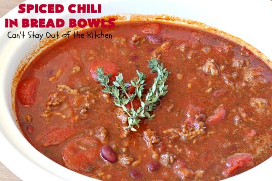 Spiced Chili in Bread Bowls | Can't Stay Out of the Kitchen | this fantastic #chili #recipe is so easy since it's made in the #SlowCooker. You can serve it in #BreadBowls or not. Great for #tailgating parties & cold, winter nights when comfort food is on the menu. #TexMex #CheddarCheese #KidneyBeans #GroundBeef #SpicedChiliInBreadBowls #CincoDeMayo