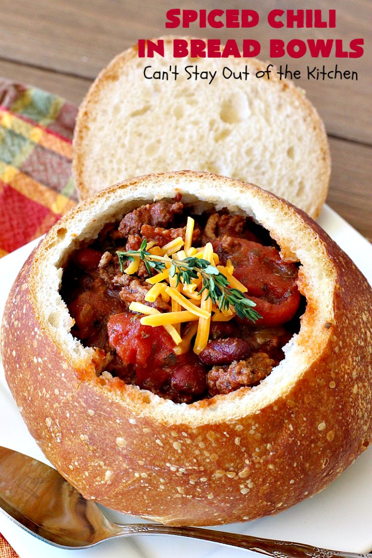 Spiced Chili in Bread Bowls | Can't Stay Out of the Kitchen | this fantastic #chili #recipe is so easy since it's made in the #SlowCooker. You can serve it in #BreadBowls or not. Great for #tailgating parties & cold, winter nights when comfort food is on the menu. #TexMex #CheddarCheese #KidneyBeans #GroundBeef #SpicedChiliInBreadBowls #CincoDeMayo