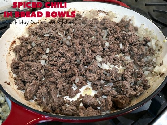 Spiced Chili in Bread Bowls | Can't Stay Out of the Kitchen | this fantastic #chili #recipe is so easy since it's made in the #SlowCooker. You can serve it in #BreadBowls or not. Great for #tailgating parties & cold, winter nights when comfort food is on the menu. #TexMex #CheddarCheese #KidneyBeans #GroundBeef #SpicedChiliInBreadBowls #CincoDeMayo
