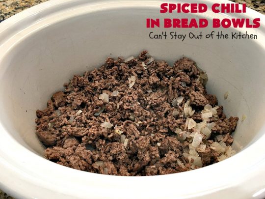 Spiced Chili in Bread Bowls | Can't Stay Out of the Kitchen | this fantastic #chili #recipe is so easy since it's made in the #SlowCooker. You can serve it in #BreadBowls or not. Great for #tailgating parties & cold, winter nights when comfort food is on the menu. #TexMex #CheddarCheese #KidneyBeans #GroundBeef #SpicedChiliInBreadBowls #CincoDeMayo