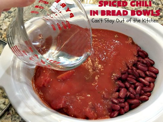 Spiced Chili in Bread Bowls | Can't Stay Out of the Kitchen | this fantastic #chili #recipe is so easy since it's made in the #SlowCooker. You can serve it in #BreadBowls or not. Great for #tailgating parties & cold, winter nights when comfort food is on the menu. #TexMex #CheddarCheese #KidneyBeans #GroundBeef #SpicedChiliInBreadBowls #CincoDeMayo