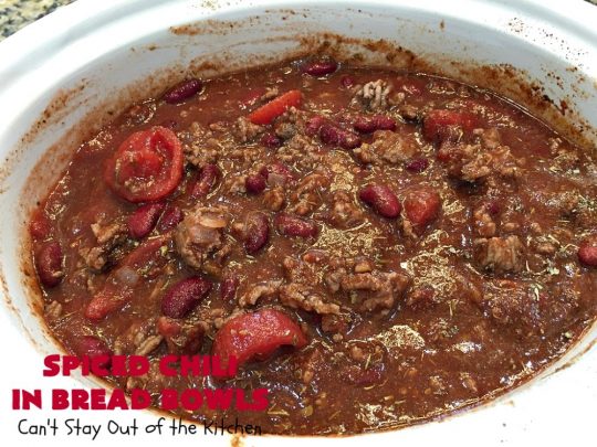 Spiced Chili in Bread Bowls | Can't Stay Out of the Kitchen | this fantastic #chili #recipe is so easy since it's made in the #SlowCooker. You can serve it in #BreadBowls or not. Great for #tailgating parties & cold, winter nights when comfort food is on the menu. #TexMex #CheddarCheese #KidneyBeans #GroundBeef #SpicedChiliInBreadBowls #CincoDeMayo