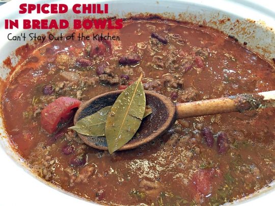 Spiced Chili in Bread Bowls | Can't Stay Out of the Kitchen | this fantastic #chili #recipe is so easy since it's made in the #SlowCooker. You can serve it in #BreadBowls or not. Great for #tailgating parties & cold, winter nights when comfort food is on the menu. #TexMex #CheddarCheese #KidneyBeans #GroundBeef #SpicedChiliInBreadBowls #CincoDeMayo