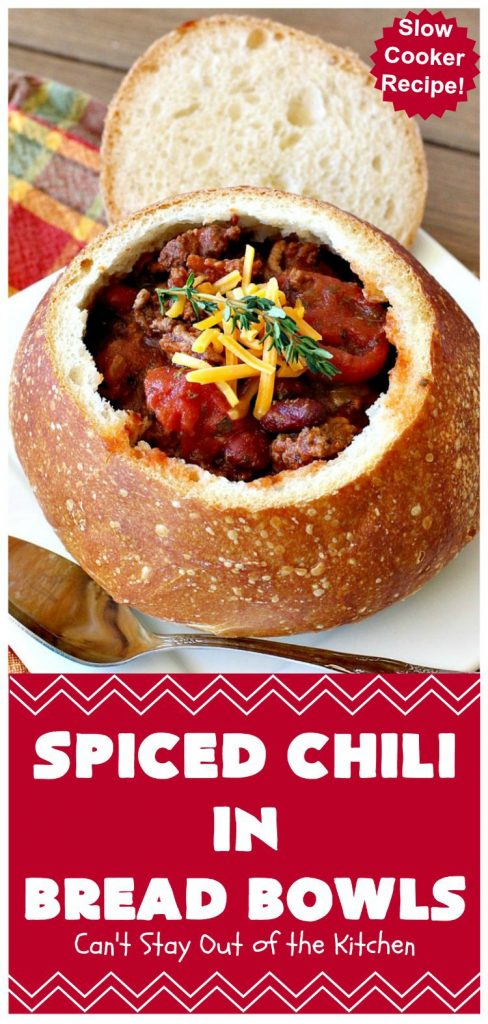 Spiced Chili in Bread Bowls | Can't Stay Out of the Kitchen | this fantastic #chili #recipe is so easy since it's made in the #SlowCooker. You can serve it in #BreadBowls or not. Great for #tailgating parties & cold, winter nights when comfort food is on the menu. #TexMex #CheddarCheese #KidneyBeans #GroundBeef #SpicedChiliInBreadBowls #CincoDeMayo