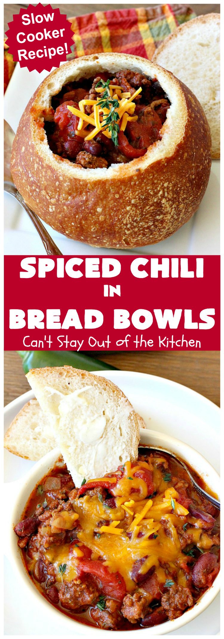 Spiced Chili in Bread Bowls | Can't Stay Out of the Kitchen | this fantastic #chili #recipe is so easy since it's made in the #SlowCooker. You can serve it in #BreadBowls or not. Great for #tailgating parties & cold, winter nights when comfort food is on the menu. #TexMex #CheddarCheese #KidneyBeans #GroundBeef #SpicedChiliInBreadBowls #CincoDeMayo