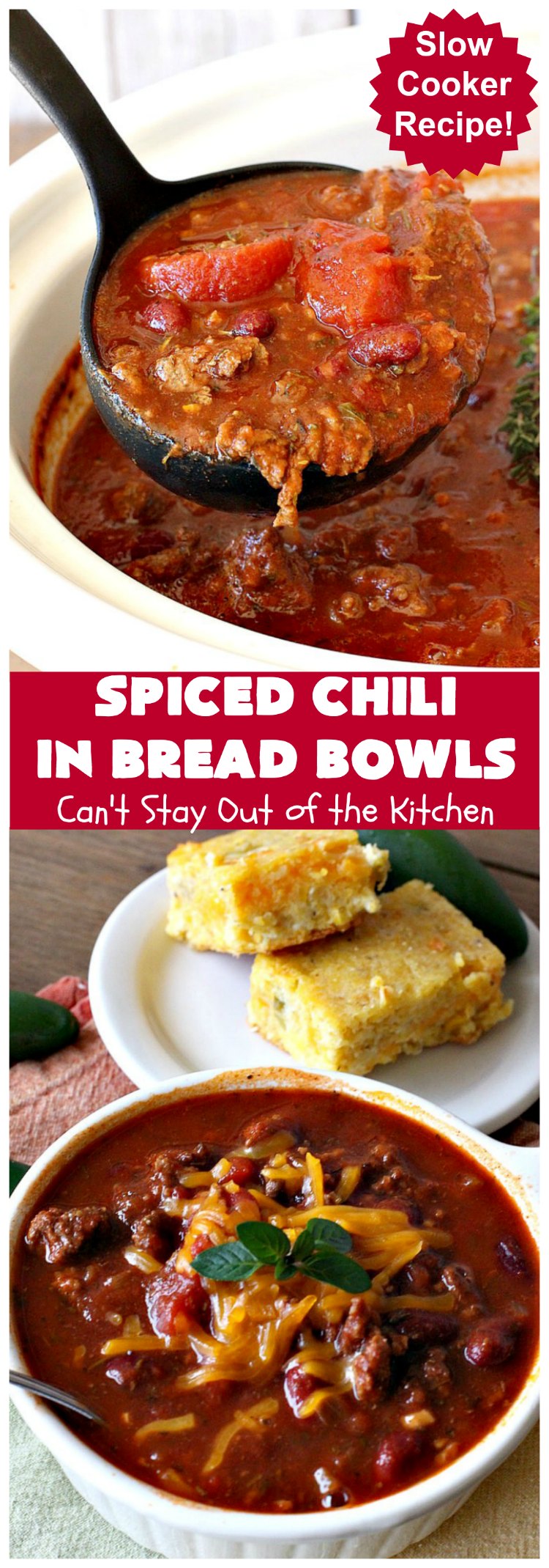 Spiced Chili in Bread Bowls | Can't Stay Out of the Kitchen | this fantastic #chili #recipe is so easy since it's made in the #SlowCooker. You can serve it in #BreadBowls or not. Great for #tailgating parties & cold, winter nights when comfort food is on the menu. #TexMex #CheddarCheese #KidneyBeans #GroundBeef #SpicedChiliInBreadBowls #CincoDeMayo