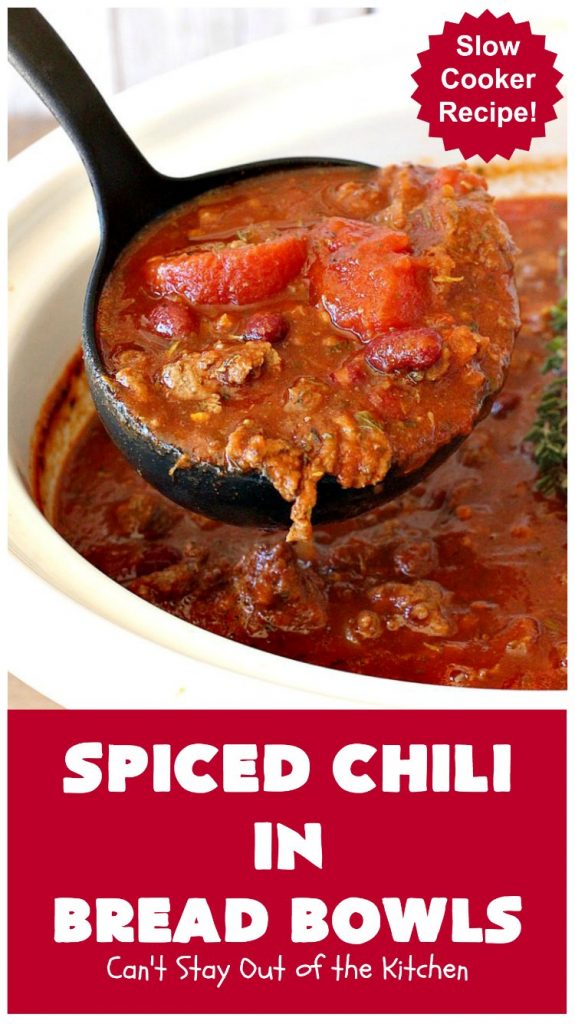 Spiced Chili in Bread Bowls | Can't Stay Out of the Kitchen | this fantastic #chili #recipe is so easy since it's made in the #SlowCooker. You can serve it in #BreadBowls or not. Great for #tailgating parties & cold, winter nights when comfort food is on the menu. #TexMex #CheddarCheese #KidneyBeans #GroundBeef #SpicedChiliInBreadBowls #CincoDeMayo