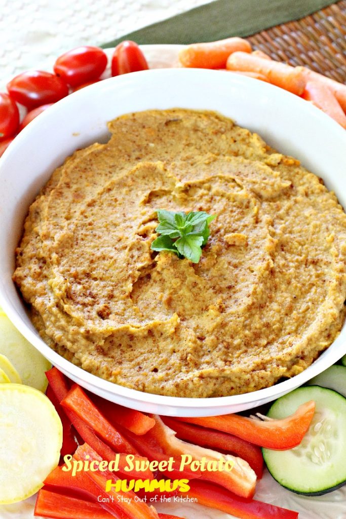 Spiced Sweet Potato Hummus | Can't Stay Out of the Kitchen | this fabulous #appetizer spices up #sweetpotatoes & #garbanzobeans and tastes amazing. #glutenfree #vegan