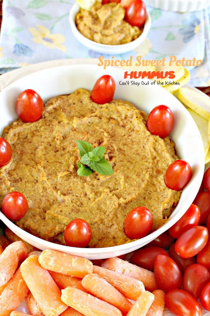 Spiced Sweet Potato Hummus | Can't Stay Out of the Kitchen | this fabulous #appetizer spices up #sweetpotatoes & #garbanzobeans and tastes amazing. #glutenfree #vegan