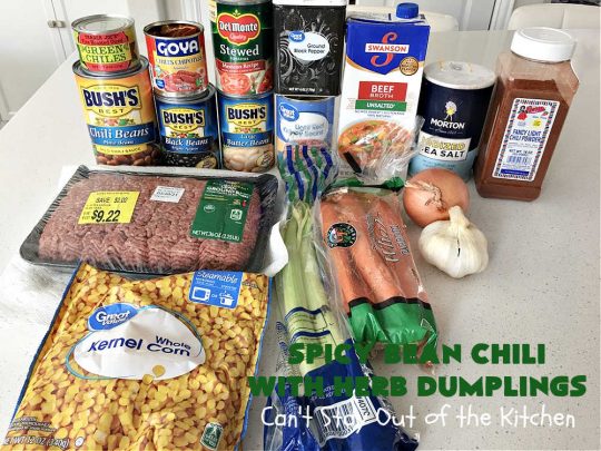 Spicy Bean Chili with Herb Dumplings | Can't Stay Out of the Kitchen | this fantastic #chili #recipe includes 4 kinds of #beans, #ChipotlePeppers in #AdoboSauce & #GreenChilies to make it sizzle. The #HerbDumplings are light & airy & add mouthwatering goodness to every bite. This #GlutenFree entree is wonderful reheated too. #BlackBeans #beef #KidneyBeans #ChiliBeans #corn #dumplings #SpicyBeanChili #SpicyBeanChiliWithHerbDumplings #TexMex