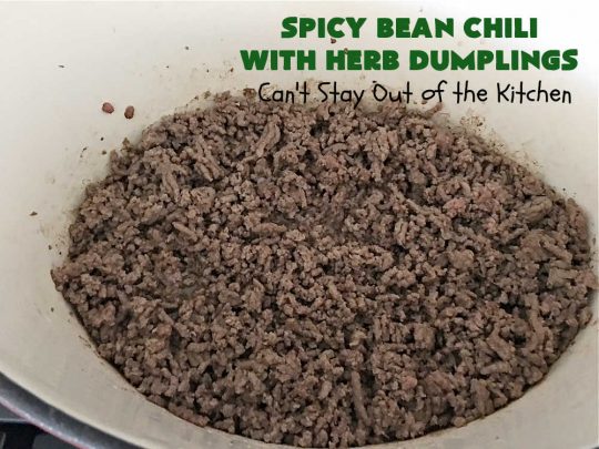 Spicy Bean Chili with Herb Dumplings | Can't Stay Out of the Kitchen | this fantastic #chili #recipe includes 4 kinds of #beans, #ChipotlePeppers in #AdoboSauce & #GreenChilies to make it sizzle. The #HerbDumplings are light & airy & add mouthwatering goodness to every bite. This #GlutenFree entree is wonderful reheated too. #BlackBeans #beef #KidneyBeans #ChiliBeans #corn #dumplings #SpicyBeanChili #SpicyBeanChiliWithHerbDumplings #TexMex