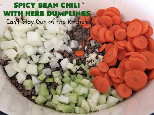 Spicy Bean Chili with Herb Dumplings | Can't Stay Out of the Kitchen | this fantastic #chili #recipe includes 4 kinds of #beans, #ChipotlePeppers in #AdoboSauce & #GreenChilies to make it sizzle. The #HerbDumplings are light & airy & add mouthwatering goodness to every bite. This #GlutenFree entree is wonderful reheated too. #BlackBeans #beef #KidneyBeans #ChiliBeans #corn #dumplings #SpicyBeanChili #SpicyBeanChiliWithHerbDumplings #TexMex