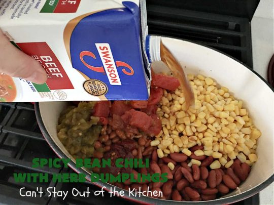 Spicy Bean Chili with Herb Dumplings | Can't Stay Out of the Kitchen | this fantastic #chili #recipe includes 4 kinds of #beans, #ChipotlePeppers in #AdoboSauce & #GreenChilies to make it sizzle. The #HerbDumplings are light & airy & add mouthwatering goodness to every bite. This #GlutenFree entree is wonderful reheated too. #BlackBeans #beef #KidneyBeans #ChiliBeans #corn #dumplings #SpicyBeanChili #SpicyBeanChiliWithHerbDumplings #TexMex