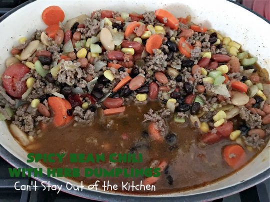 Spicy Bean Chili with Herb Dumplings | Can't Stay Out of the Kitchen | this fantastic #chili #recipe includes 4 kinds of #beans, #ChipotlePeppers in #AdoboSauce & #GreenChilies to make it sizzle. The #HerbDumplings are light & airy & add mouthwatering goodness to every bite. This #GlutenFree entree is wonderful reheated too. #BlackBeans #beef #KidneyBeans #ChiliBeans #corn #dumplings #SpicyBeanChili #SpicyBeanChiliWithHerbDumplings #TexMex