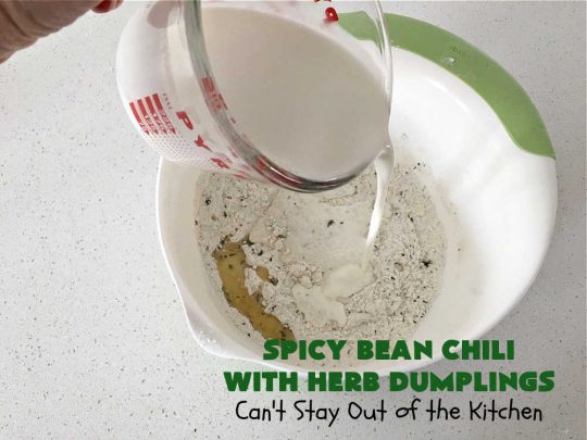 Spicy Bean Chili with Herb Dumplings | Can't Stay Out of the Kitchen | this fantastic #chili #recipe includes 4 kinds of #beans, #ChipotlePeppers in #AdoboSauce & #GreenChilies to make it sizzle. The #HerbDumplings are light & airy & add mouthwatering goodness to every bite. This #GlutenFree entree is wonderful reheated too. #BlackBeans #beef #KidneyBeans #ChiliBeans #corn #dumplings #SpicyBeanChili #SpicyBeanChiliWithHerbDumplings #TexMex