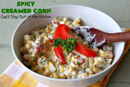Spicy Creamed Corn | Can't Stay Out of the Kitchen | this super easy 5-ingredient #recipe is terrific for weeknight dinners since it can be whipped up in about 10 minutes. Great for #holiday dinners too. #corn #DicedGreenChilies #CreamCheese #SideDish #GlutenFree #GlutenFreeSideDish #SpicyCreamedCorn