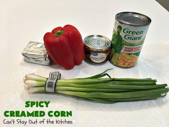 Spicy Creamed Corn | Can't Stay Out of the Kitchen | this super easy 5-ingredient #recipe is terrific for weeknight dinners since it can be whipped up in about 10 minutes. Great for #holiday dinners too. #corn #DicedGreenChilies #CreamCheese #SideDish #GlutenFree #GlutenFreeSideDish #SpicyCreamedCorn