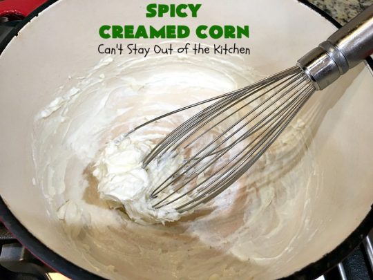 Spicy Creamed Corn | Can't Stay Out of the Kitchen | this super easy 5-ingredient #recipe is terrific for weeknight dinners since it can be whipped up in about 10 minutes. Great for #holiday dinners too. #corn #DicedGreenChilies #CreamCheese #SideDish #GlutenFree #GlutenFreeSideDish #SpicyCreamedCorn