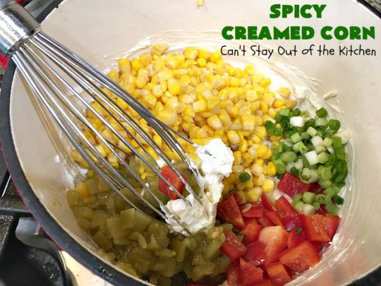 Spicy Creamed Corn | Can't Stay Out of the Kitchen | this super easy 5-ingredient #recipe is terrific for weeknight dinners since it can be whipped up in about 10 minutes. Great for #holiday dinners too. #corn #DicedGreenChilies #CreamCheese #SideDish #GlutenFree #GlutenFreeSideDish #SpicyCreamedCorn