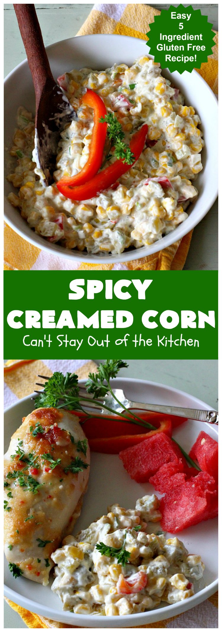 Spicy Creamed Corn | Can't Stay Out of the Kitchen | this super easy 5-ingredient #recipe is terrific for weeknight dinners since it can be whipped up in about 10 minutes. Great for #holiday dinners too. #corn #DicedGreenChilies #CreamCheese #SideDish #GlutenFree #GlutenFreeSideDish #SpicyCreamedCorn