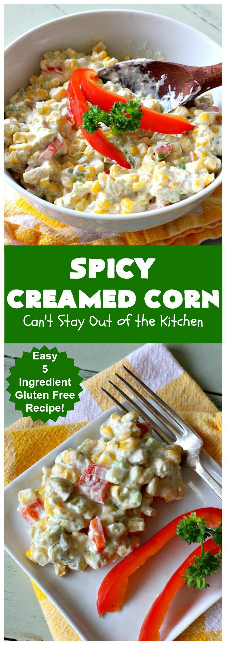 Spicy Creamed Corn | Can't Stay Out of the Kitchen | this super easy 5-ingredient #recipe is terrific for weeknight dinners since it can be whipped up in about 10 minutes. Great for #holiday dinners too. #corn #DicedGreenChilies #CreamCheese #SideDish #GlutenFree #GlutenFreeSideDish #SpicyCreamedCorn