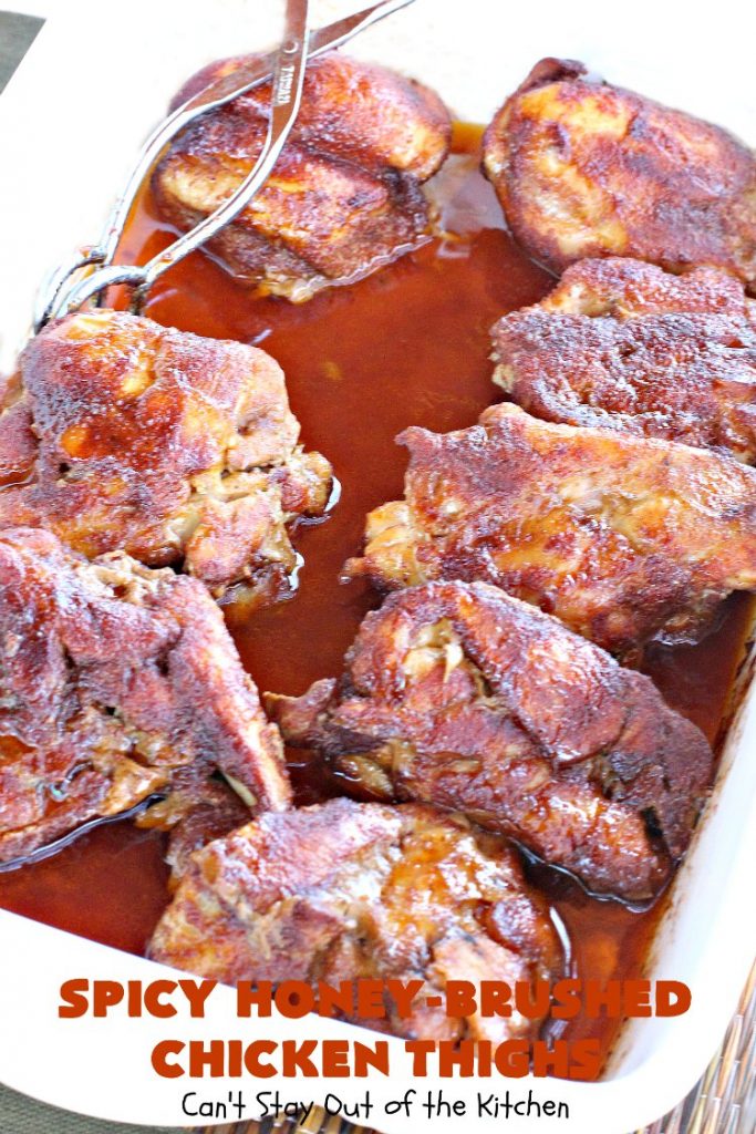 Spicy Honey-Brushed Chicken Thighs | Can't Stay Out of the Kitchen | this spectacular #chicken recipe can be served for #tailgating parties or for dinner. It's absolutely delicious, yet clean-eating & #glutenfree. #appetizer