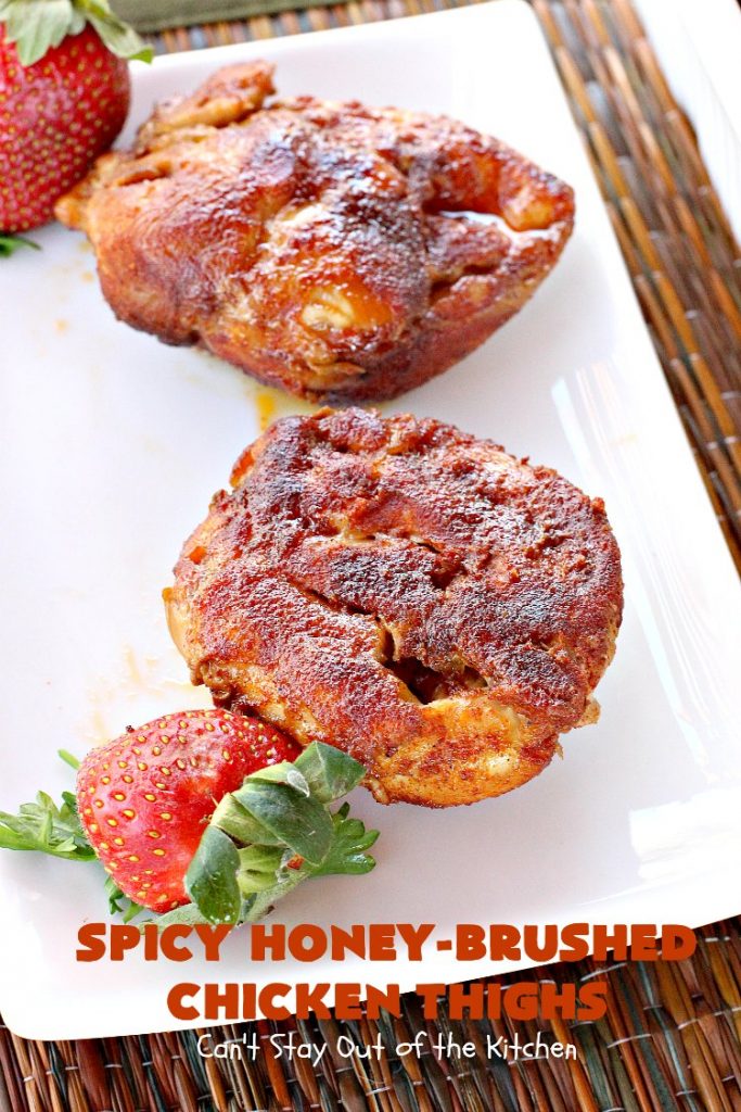 Spicy Honey-Brushed Chicken Thighs | Can't Stay Out of the Kitchen | this spectacular #chicken recipe can be served for #tailgating parties or for dinner. It's absolutely delicious, yet clean-eating & #glutenfree. #appetizer