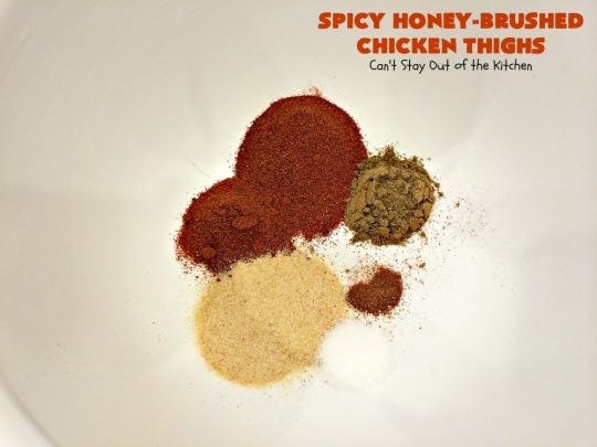 Spicy Honey-Brushed Chicken Thighs | Can't Stay Out of the Kitchen | this spectacular #chicken recipe can be served for #tailgating parties or for dinner. It's absolutely delicious, yet clean-eating & #glutenfree. #appetizer