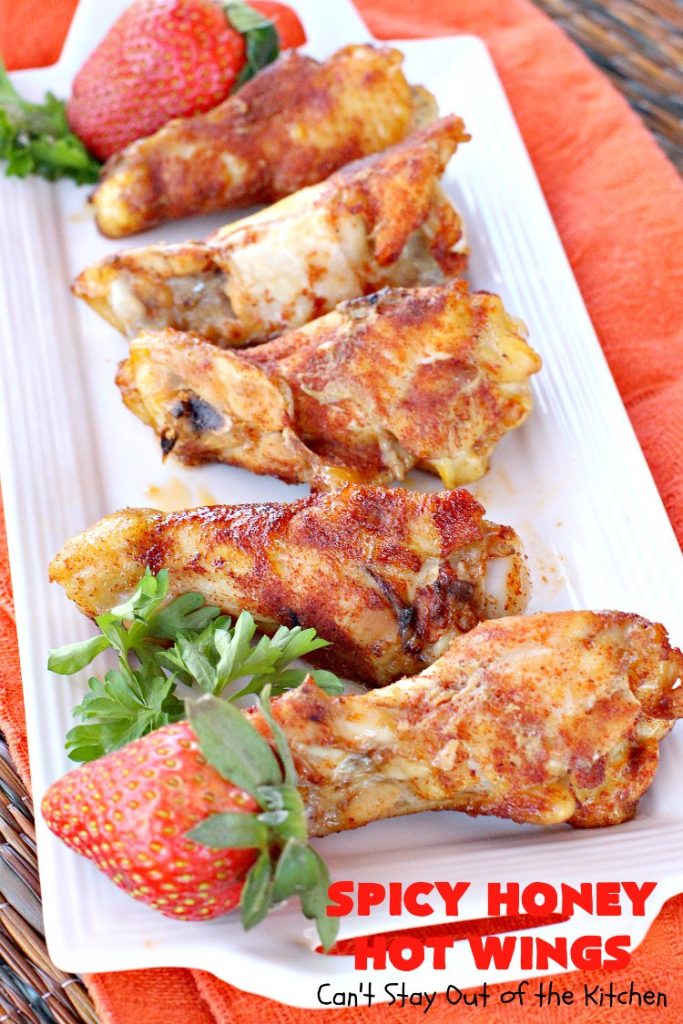Spicy Honey Hot Wings | Can't Stay Out of the Kitchen | these #chicken #wings are awesome! They're a terrific #appetizer for #tailgating #NewYearsDay or #SuperBowl parties. #gluenfree