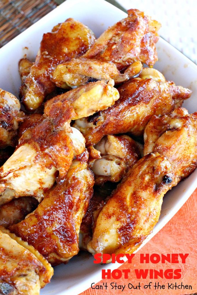 Spicy Honey Hot Wings | Can't Stay Out of the Kitchen | these #chicken #wings are awesome! They're a terrific #appetizer for #tailgating #NewYearsDay or #SuperBowl parties. #gluenfree