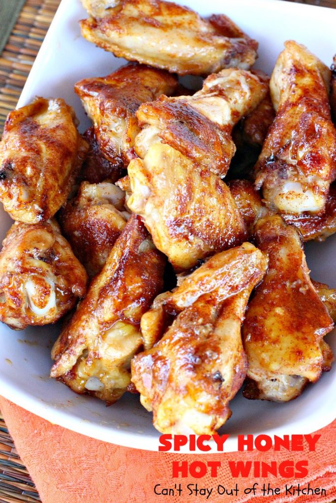 Spicy Honey Hot Wings | Can't Stay Out of the Kitchen | these #chicken #wings are awesome! They're a terrific #appetizer for #tailgating #NewYearsDay or #SuperBowl parties. #gluenfree