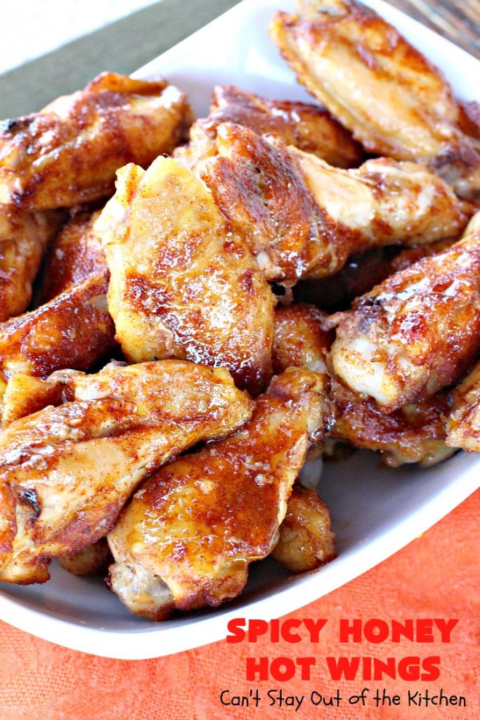 Spicy Honey Hot Wings | Can't Stay Out of the Kitchen | these #chicken #wings are awesome! They're a terrific #appetizer for #tailgating #NewYearsDay or #SuperBowl parties. #gluenfree