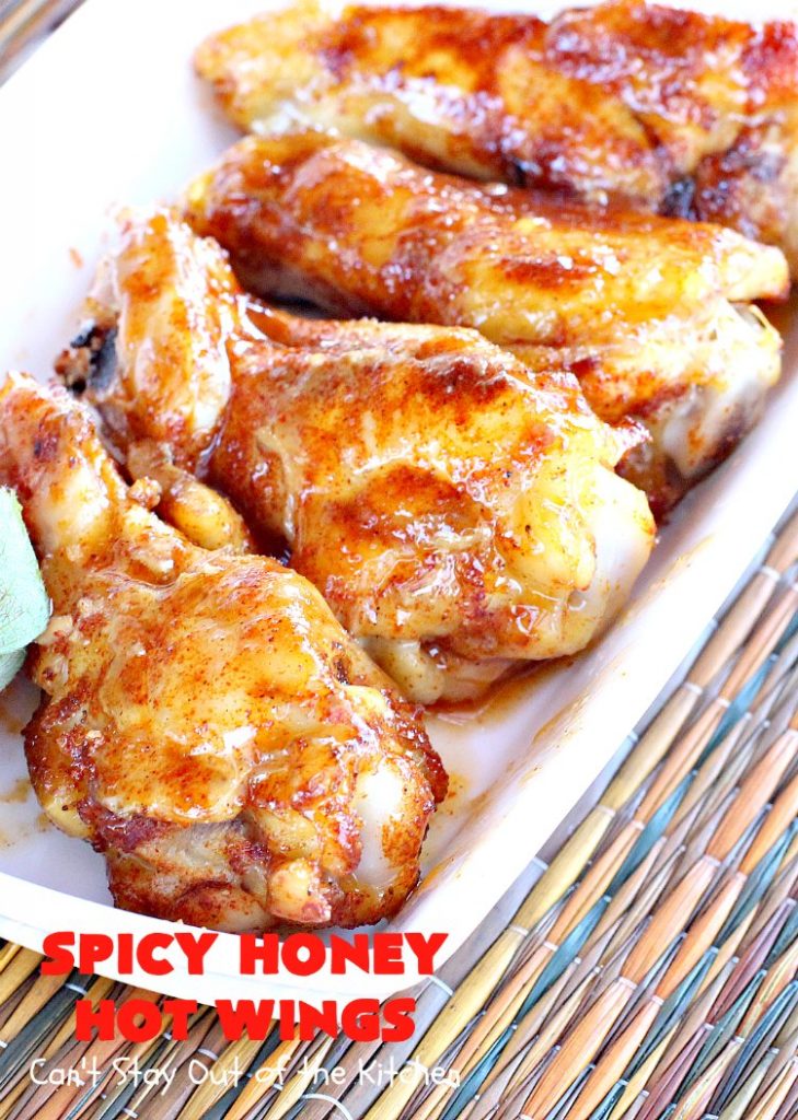 Spicy Honey Hot Wings | Can't Stay Out of the Kitchen | these #chicken #wings are awesome! They're a terrific #appetizer for #tailgating #NewYearsDay or #SuperBowl parties. #gluenfree