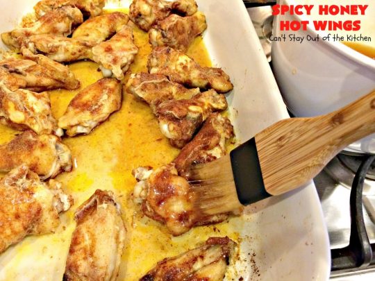 Spicy Honey Hot Wings | Can't Stay Out of the Kitchen | these #chicken #wings are awesome! They're a terrific #appetizer for #tailgating #NewYearsDay or #SuperBowl parties. #gluenfree