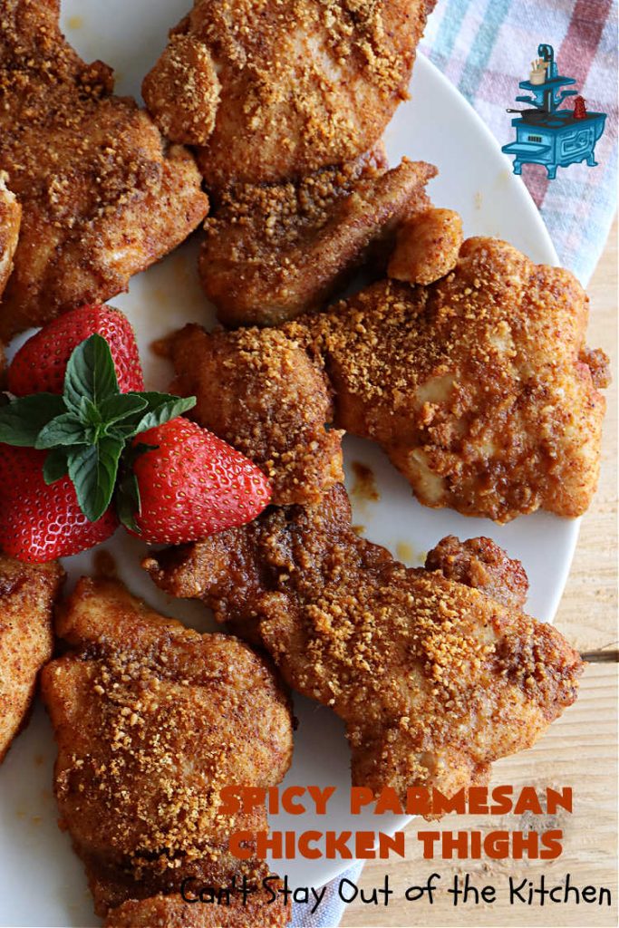 Spicy Parmesan Chicken Thighs | Can't Stay Out of the Kitchen | this #healthy #chicken #recipe is baked, NOT fried. It's marvelous for weeknight dinners because it's oven-ready in about 5 minutes. It's not overly spicy since the #ParmesanCheese mellows out the flavors. Great way to use #ChickenThighs too. #poultry #SpicyParmesanChickenThighs
