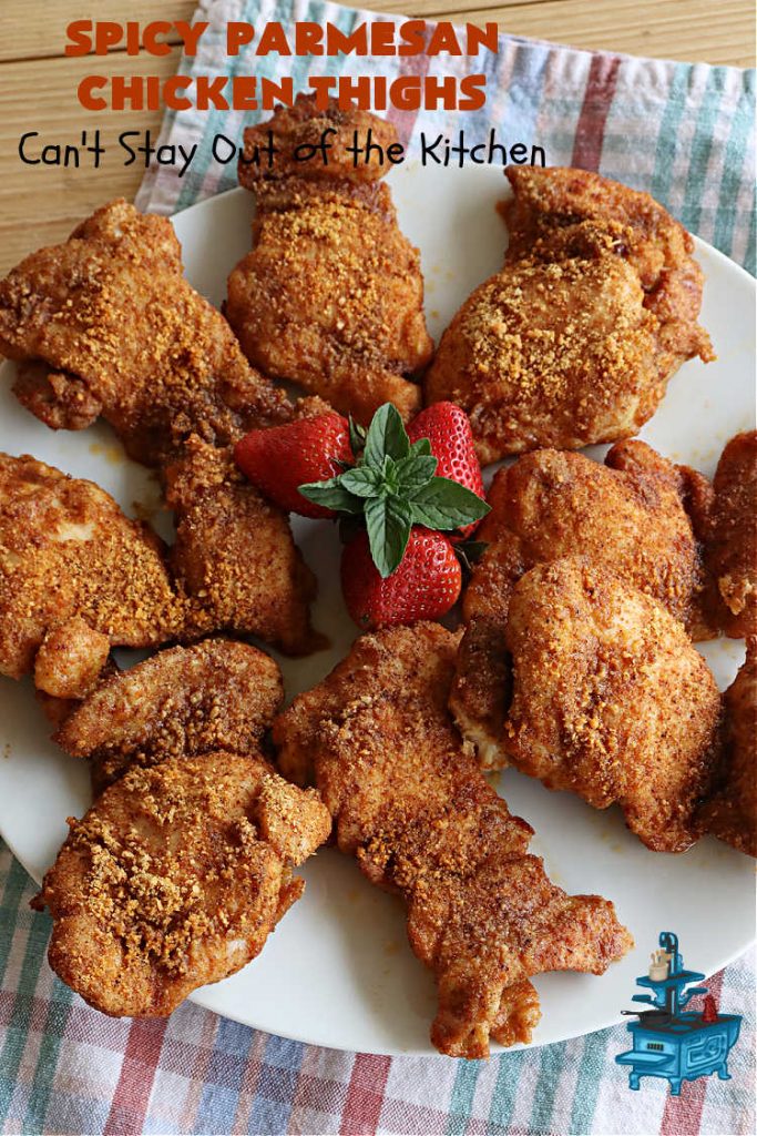 Spicy Parmesan Chicken Thighs | Can't Stay Out of the Kitchen | this #healthy #chicken #recipe is baked, NOT fried. It's marvelous for weeknight dinners because it's oven-ready in about 5 minutes. It's not overly spicy since the #ParmesanCheese mellows out the flavors. Great way to use #ChickenThighs too. #poultry #SpicyParmesanChickenThighs