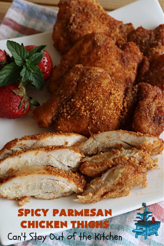Spicy Parmesan Chicken Thighs | Can't Stay Out of the Kitchen | this #healthy #chicken #recipe is baked, NOT fried. It's marvelous for weeknight dinners because it's oven-ready in about 5 minutes. It's not overly spicy since the #ParmesanCheese mellows out the flavors. Great way to use #ChickenThighs too. #poultry #SpicyParmesanChickenThighs