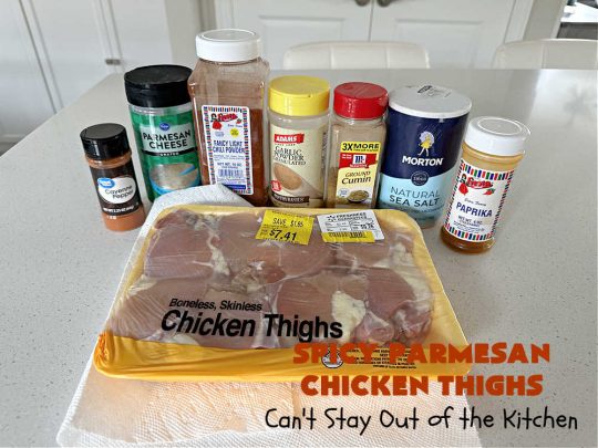 Spicy Parmesan Chicken Thighs | Can't Stay Out of the Kitchen | this #healthy #chicken #recipe is baked, NOT fried. It's marvelous for weeknight dinners because it's oven-ready in about 5 minutes. It's not overly spicy since the #ParmesanCheese mellows out the flavors. Great way to use #ChickenThighs too. #poultry #SpicyParmesanChickenThighs