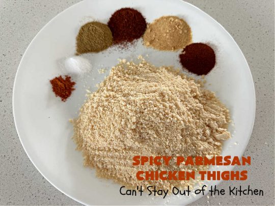 Spicy Parmesan Chicken Thighs | Can't Stay Out of the Kitchen | this #healthy #chicken #recipe is baked, NOT fried. It's marvelous for weeknight dinners because it's oven-ready in about 5 minutes. It's not overly spicy since the #ParmesanCheese mellows out the flavors. Great way to use #ChickenThighs too. #poultry #SpicyParmesanChickenThighs